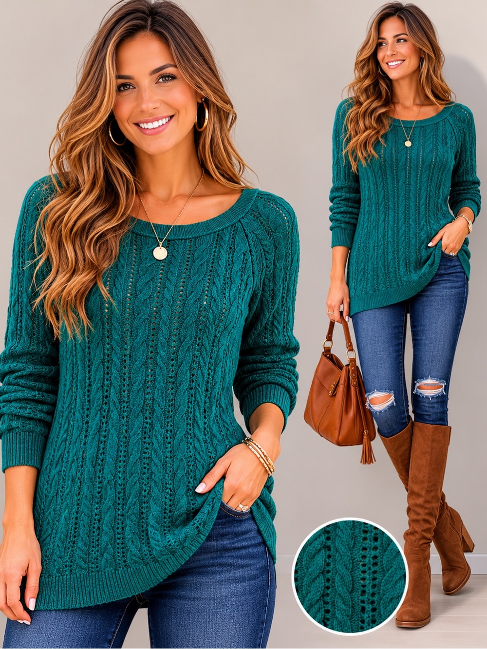 American Eagle Outfitters Teal Cable Knit Scoop Neck Sweater